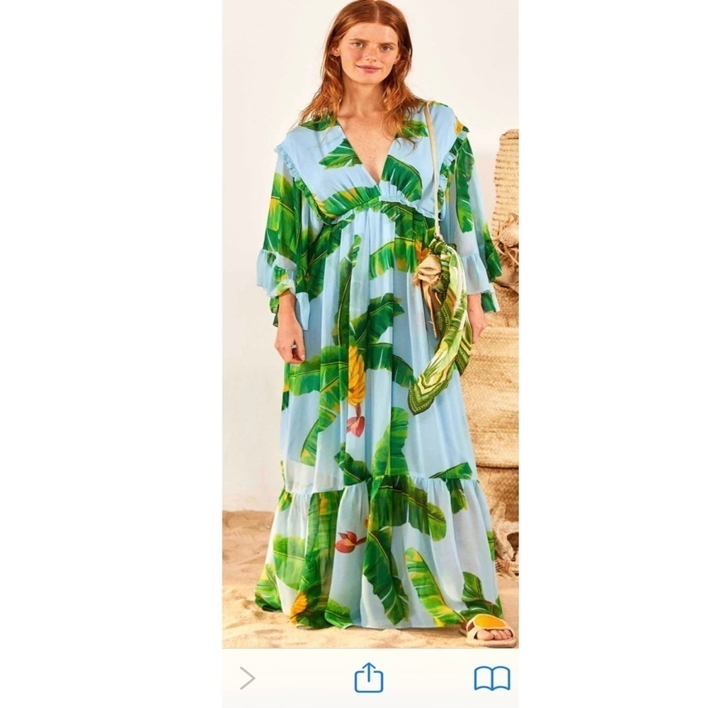 FARM Rio Green and Blue Ruffled Maxi Sundress